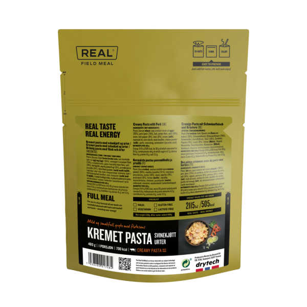 Romige pasta met varkensvlees en kruiden - 697 kcal - Real Field Meal