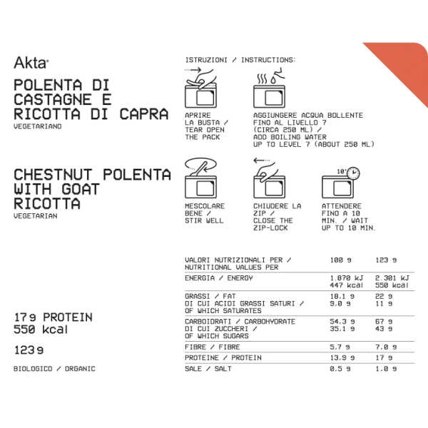 Biologische Kastanjepolenta met Geitenricotta - 550 Kcal - Akta 3 Biologische Kastanjepolenta met Geitenricotta - 550 Kcal - Akta